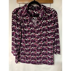 Alfani Women's Purple Floral Print 3/4 Sleeve‎ Button Down Shirt Top Large